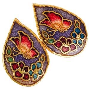 Vintage Cloisonne Butterfly Floral Stud Earrings Colorful Red Purple Gold Enamel